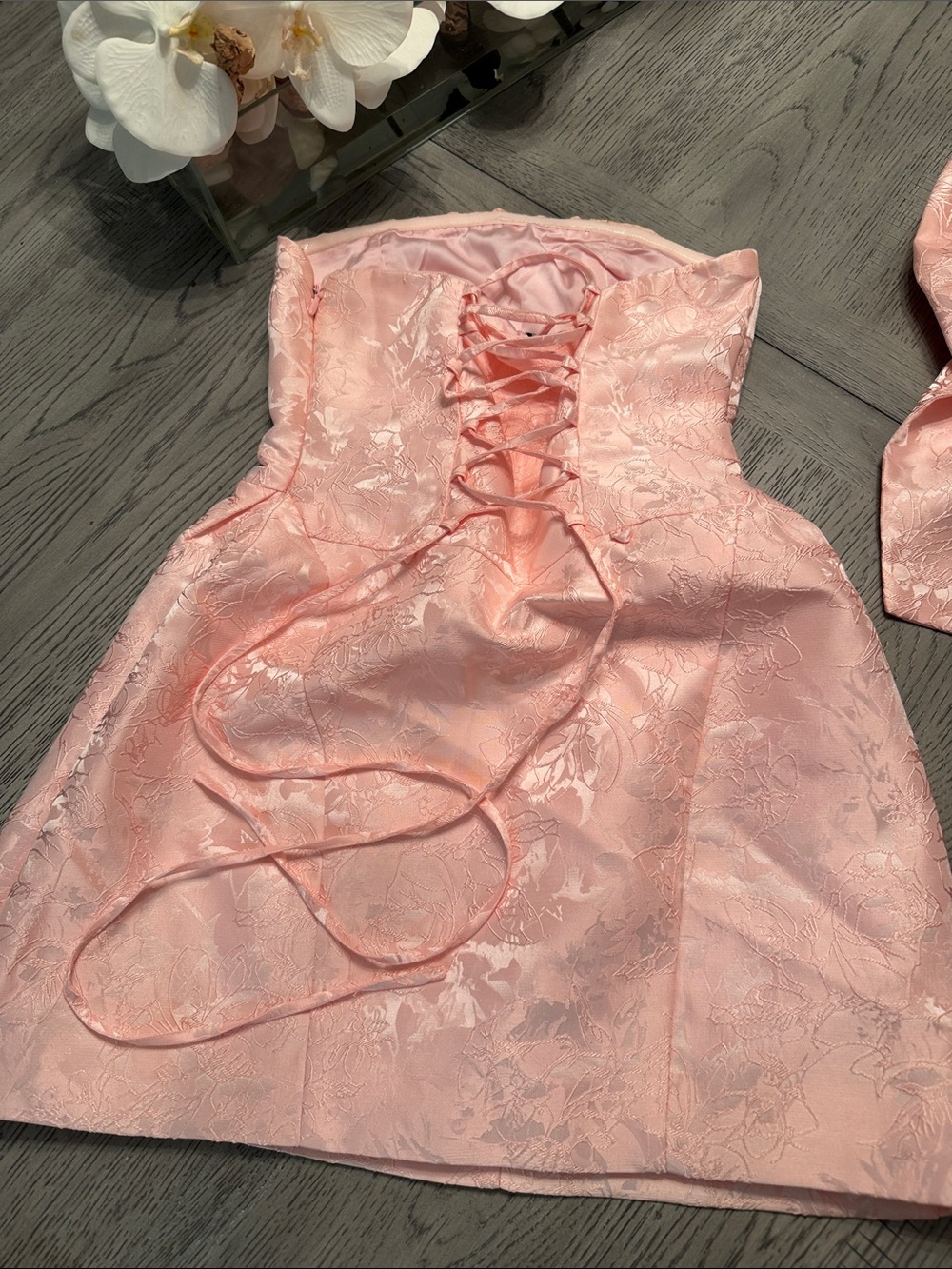 ELENORA MINI DRESS - BLUSH Pink Floral Jacquard Party Dress with Bow - Picture 3 of 9
